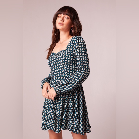 Band Of The Free GENEVIEVE TEAL DIAMOND LONG SLEEVE MINI DRESS - Picture 2 of 4